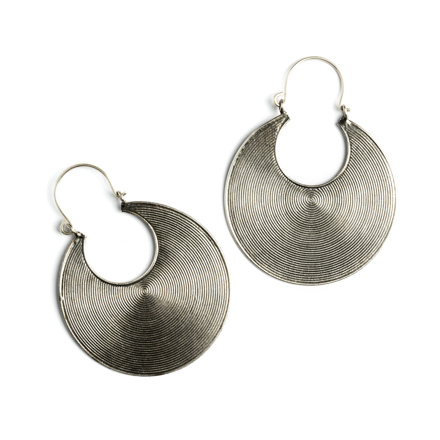 Tribal Silver Disc Hoops frontal view
