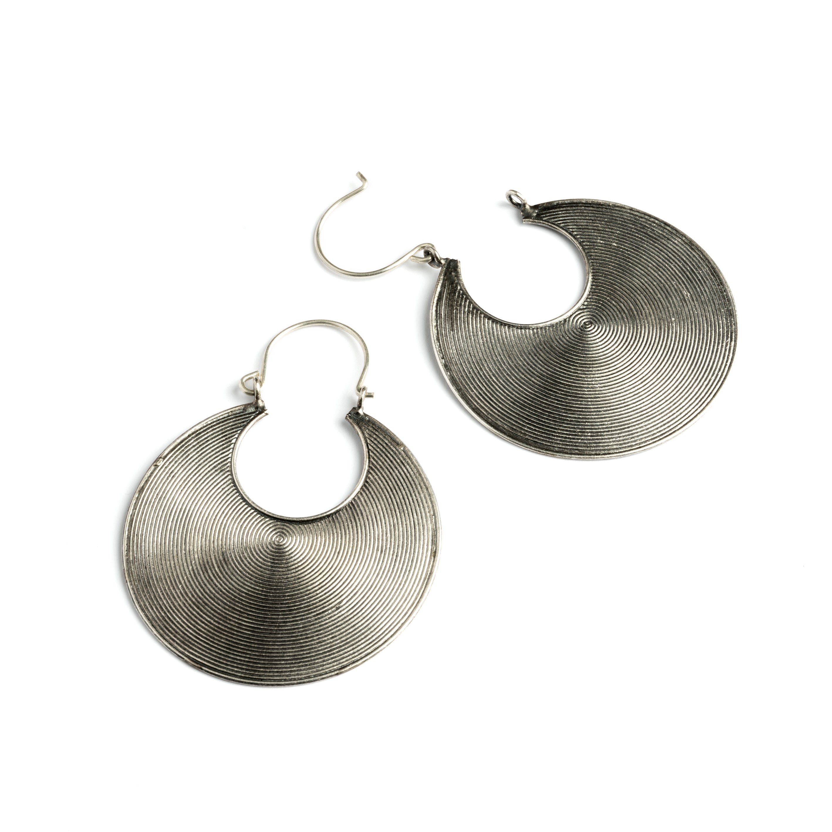 Tribal Silver Disc Hoops open clasp view