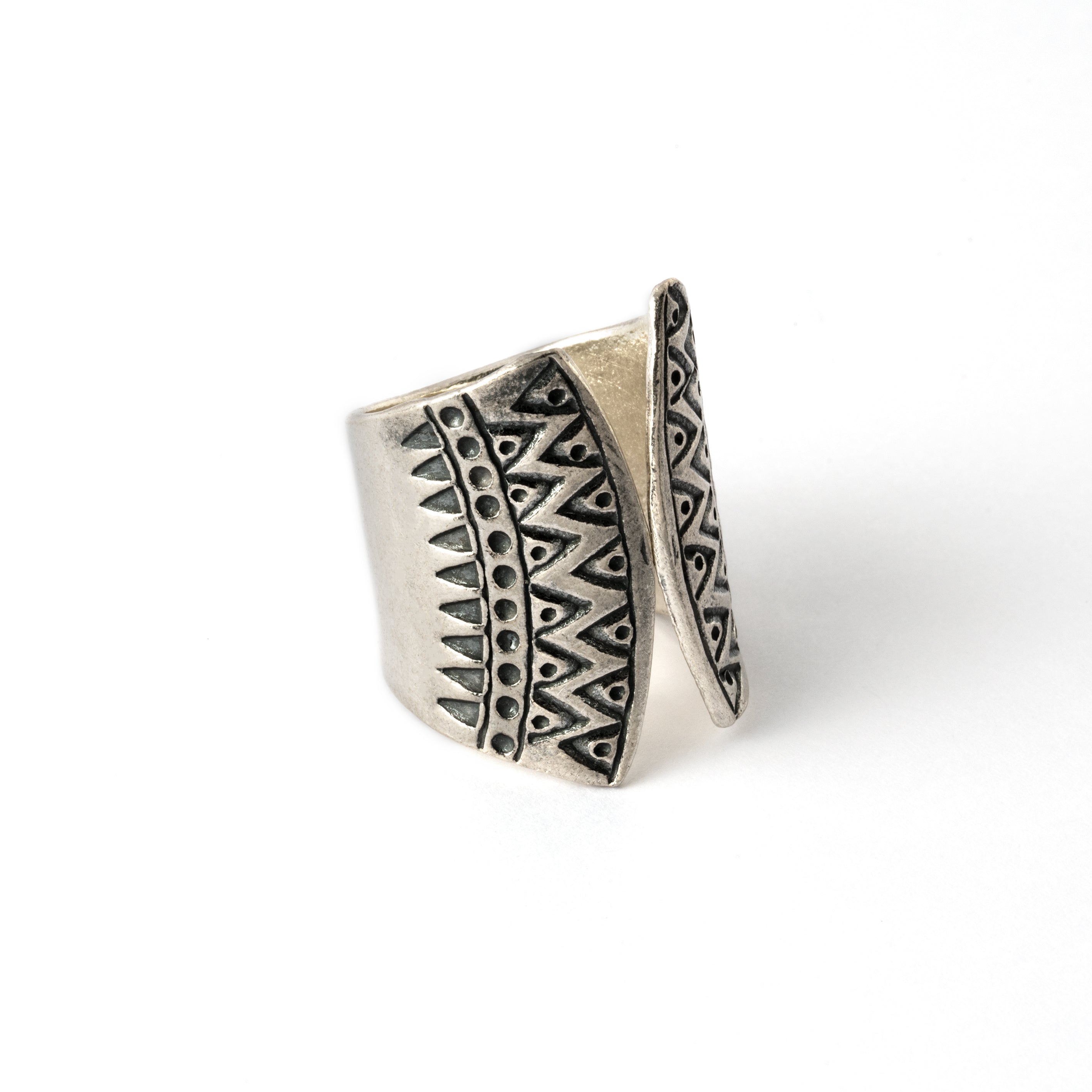 Open shape half finger large tribal silver ring with etched ornaments right side view