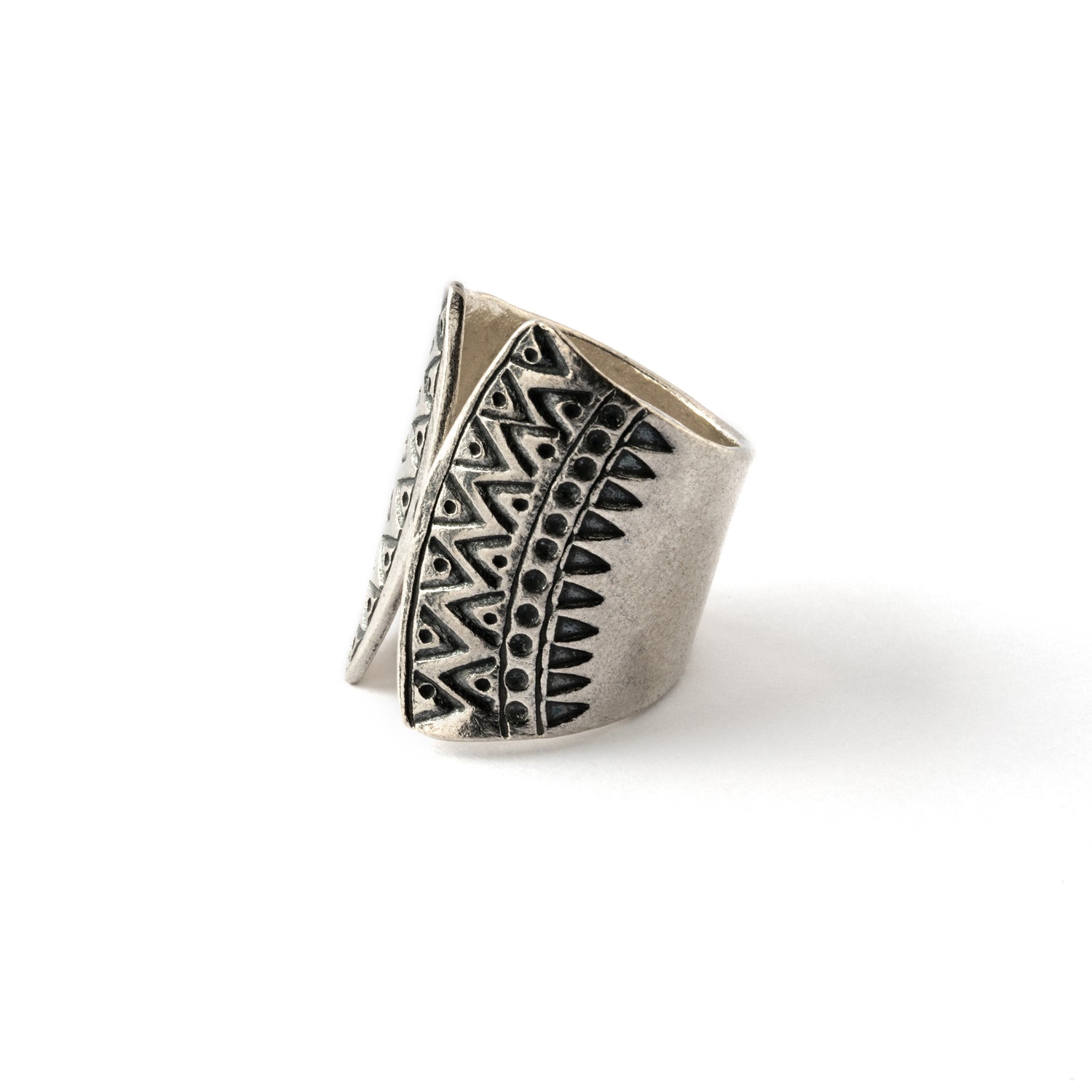 Open shape half finger large tribal silver ring with etched ornaments left side view