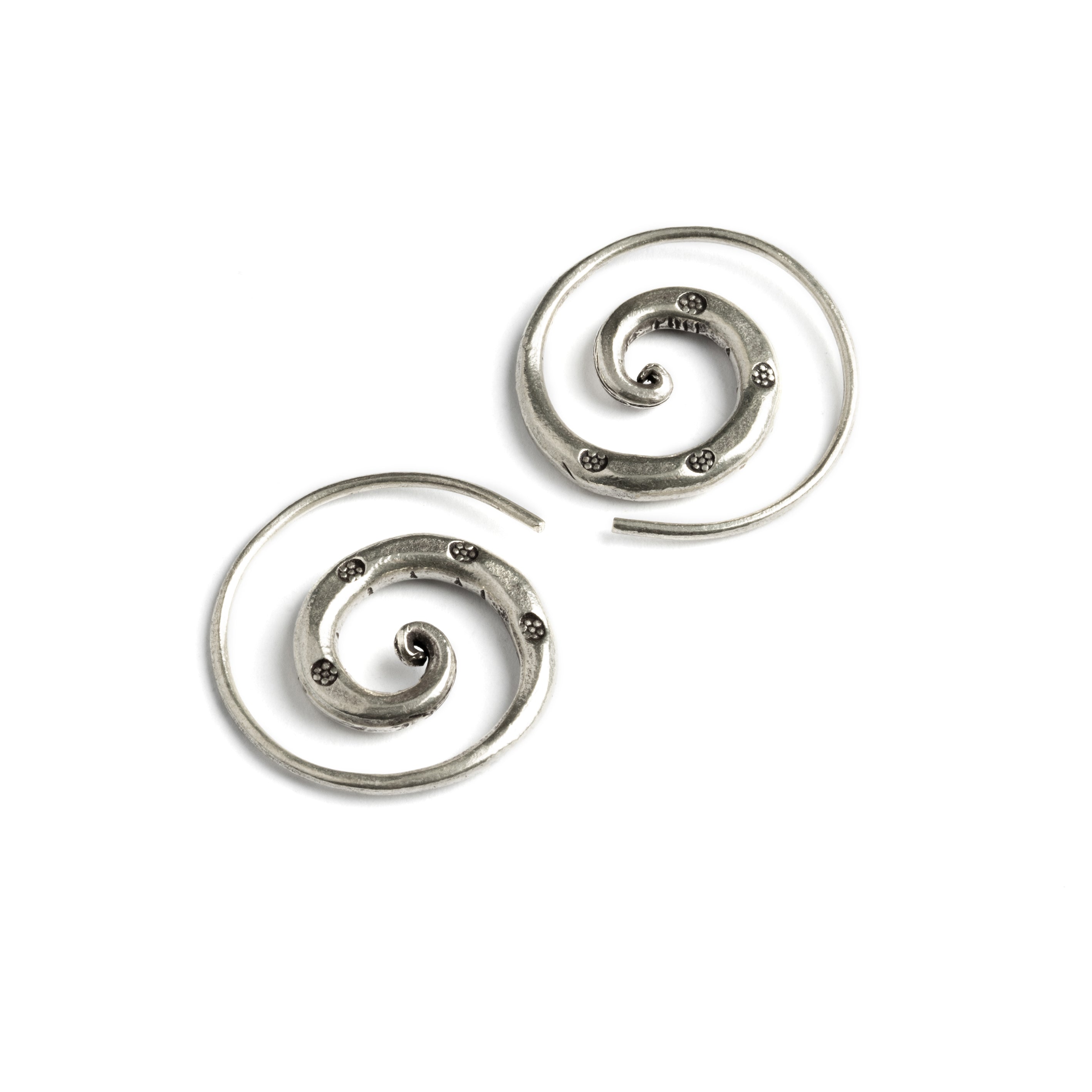 Stamped Silver Spiral Earrings frontal view