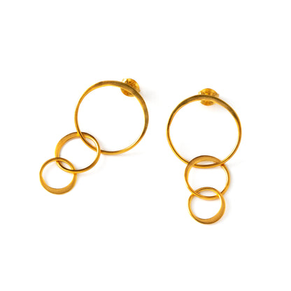 pair of gold post earrings with three linked flat circles frontal view