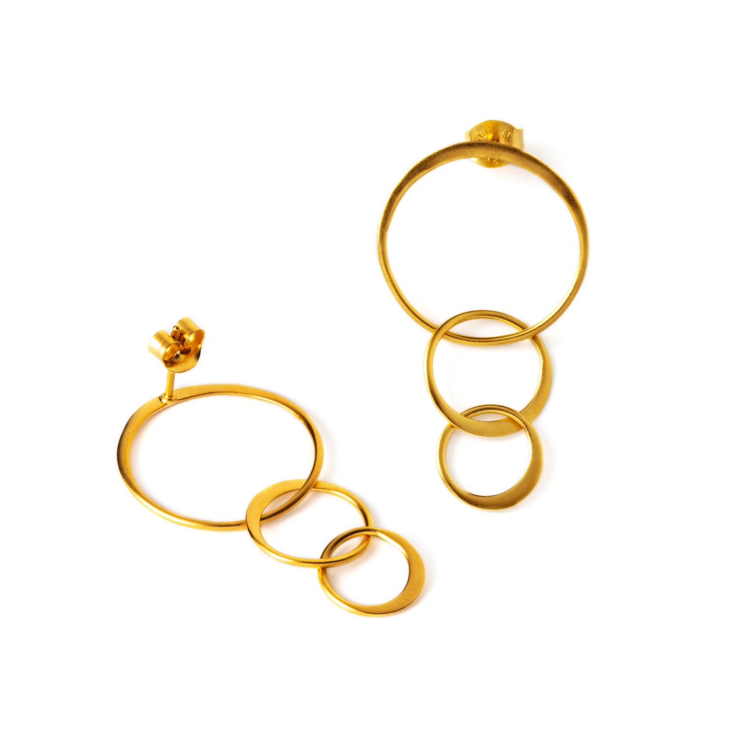 gold post earrings with three linked flat circles frontal and back view