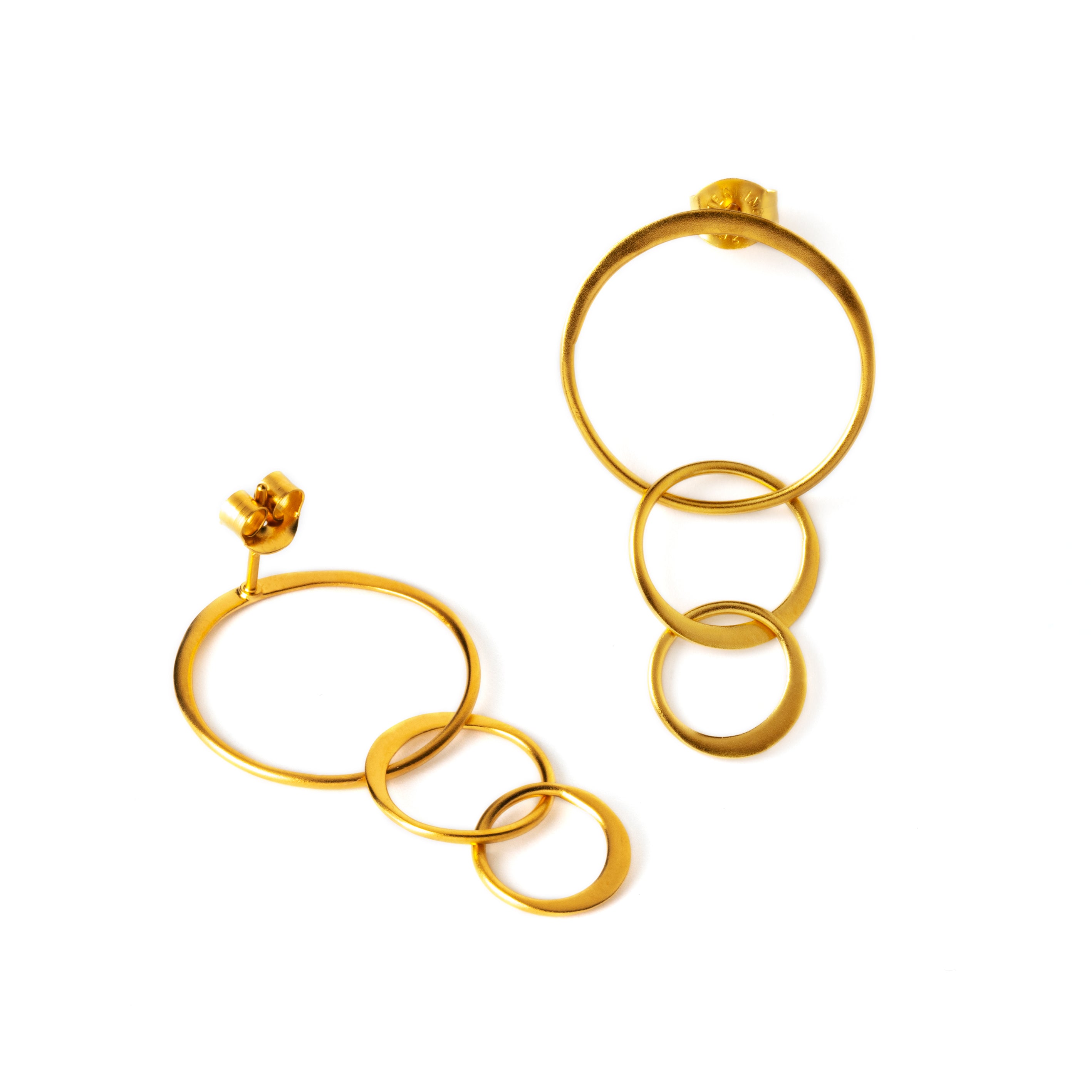gold post earrings with three linked flat circles frontal and back view