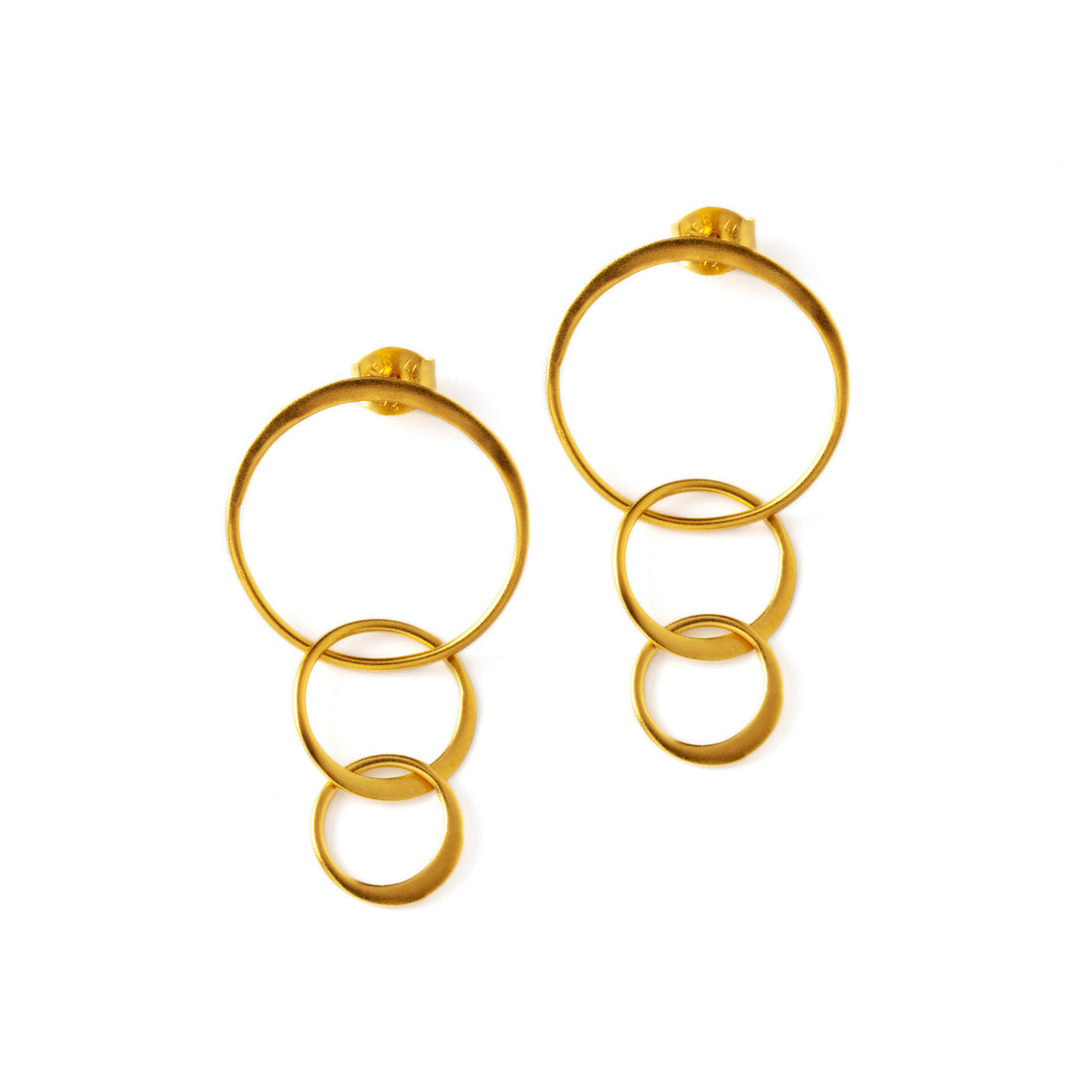 gold post earrings with three linked flat circles frontal view