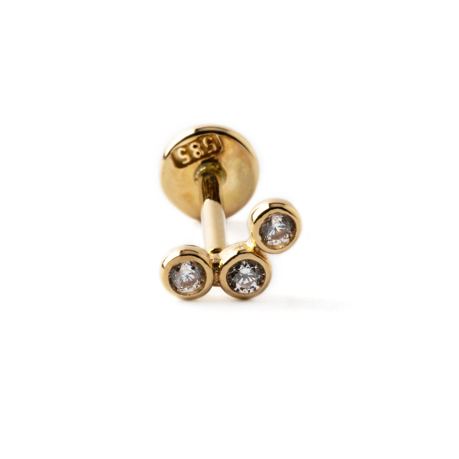 14k Gold labret with three Cubic Zirconias frontal view