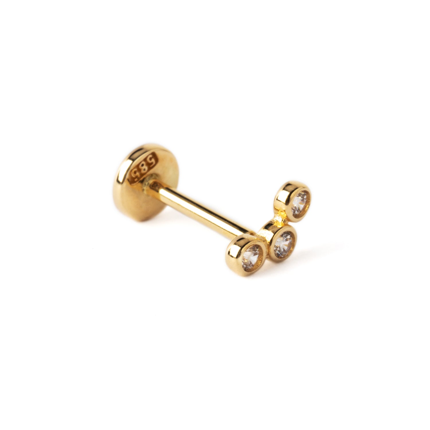 14k Gold labret with three Cubic Zirconias left side view