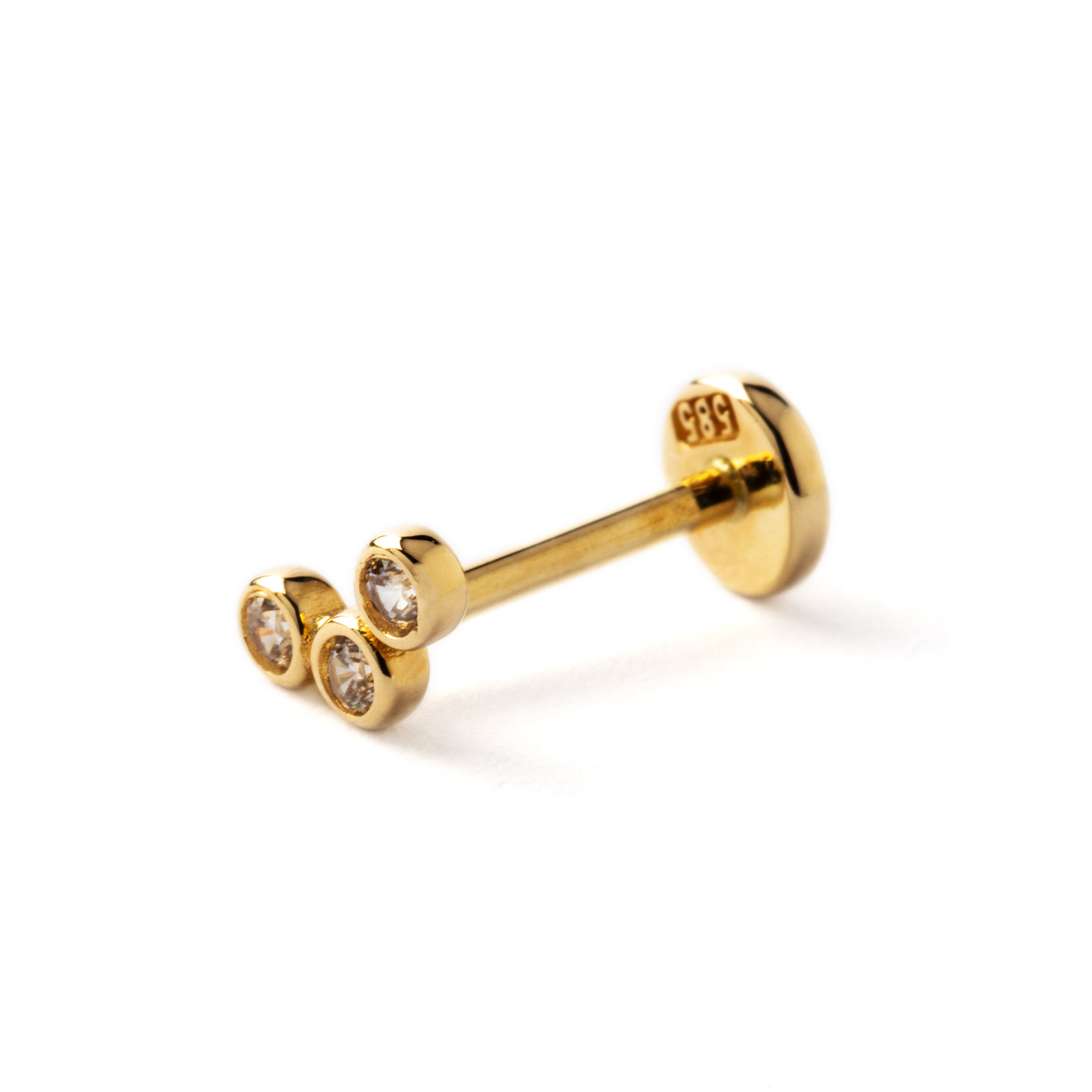 14k Gold labret with three Cubic Zirconias side view