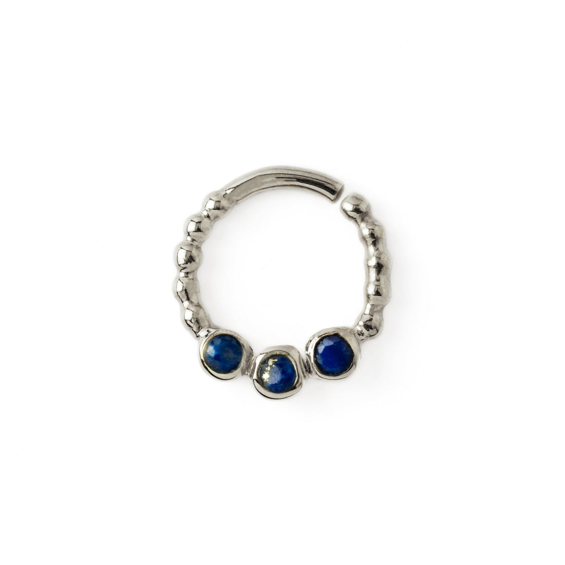 sterling silver dotted septum ring with three Lapis Lazuli gemstones frontal view