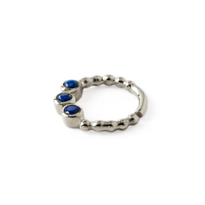 sterling silver dotted septum ring with three Lapis Lazuli gemstones side view