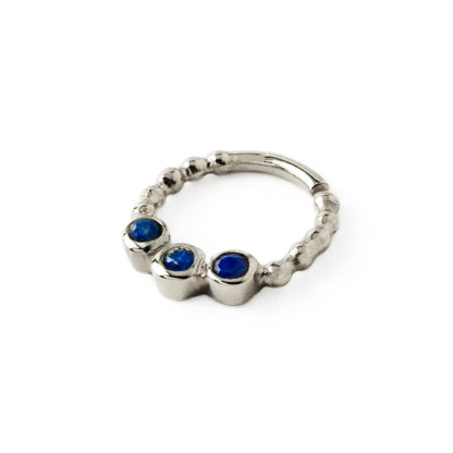 sterling silver dotted septum ring with three Lapis Lazuli gemstones left side view