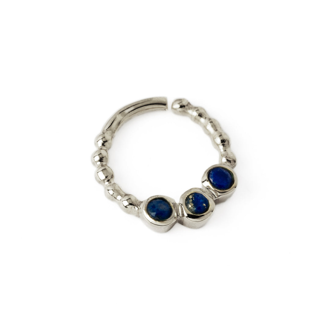 sterling silver dotted septum ring with three Lapis Lazuli gemstones right side view