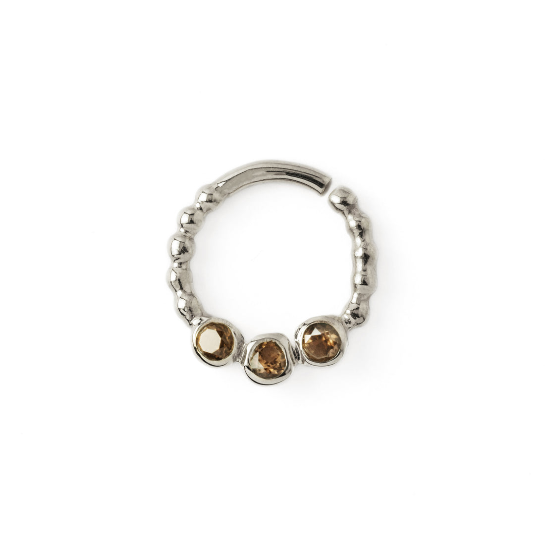 sterling silver dotted septum ring with three Smokey Quartz gemstones frontal view