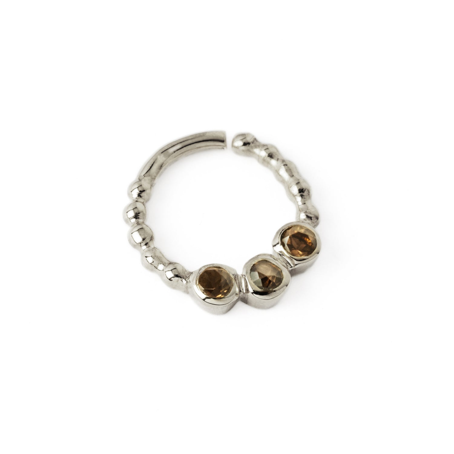 sterling silver dotted septum ring with three Smokey Quartz gemstones right side view