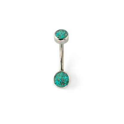 surgical steel navel bar with two turquoise stone discs on the top and the bottom front view