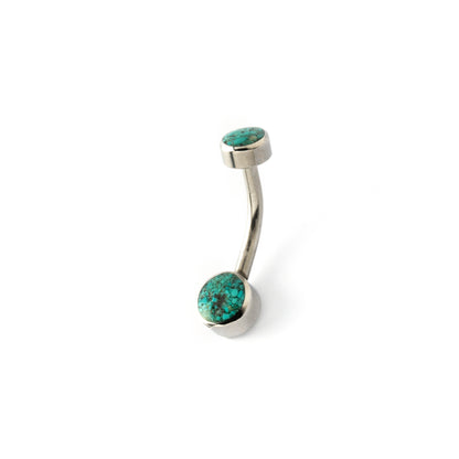 surgical steel navel bar with two turquoise stone discs on the top and the bottom side view