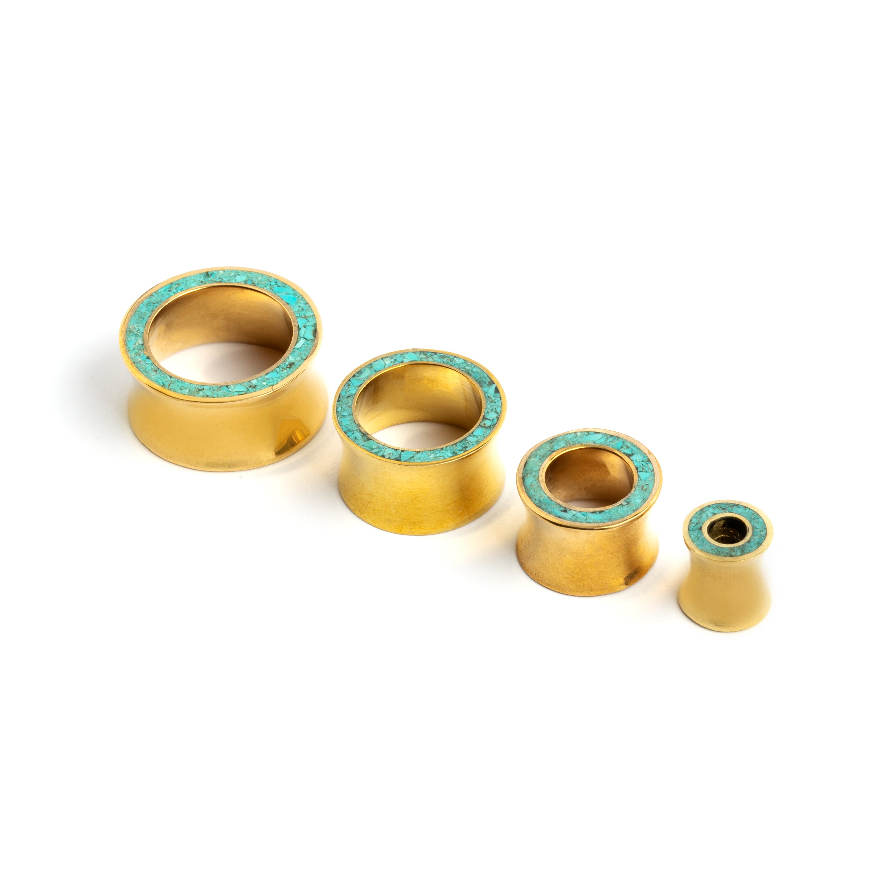 several golden brass with Turquoise ear plugs right front view
