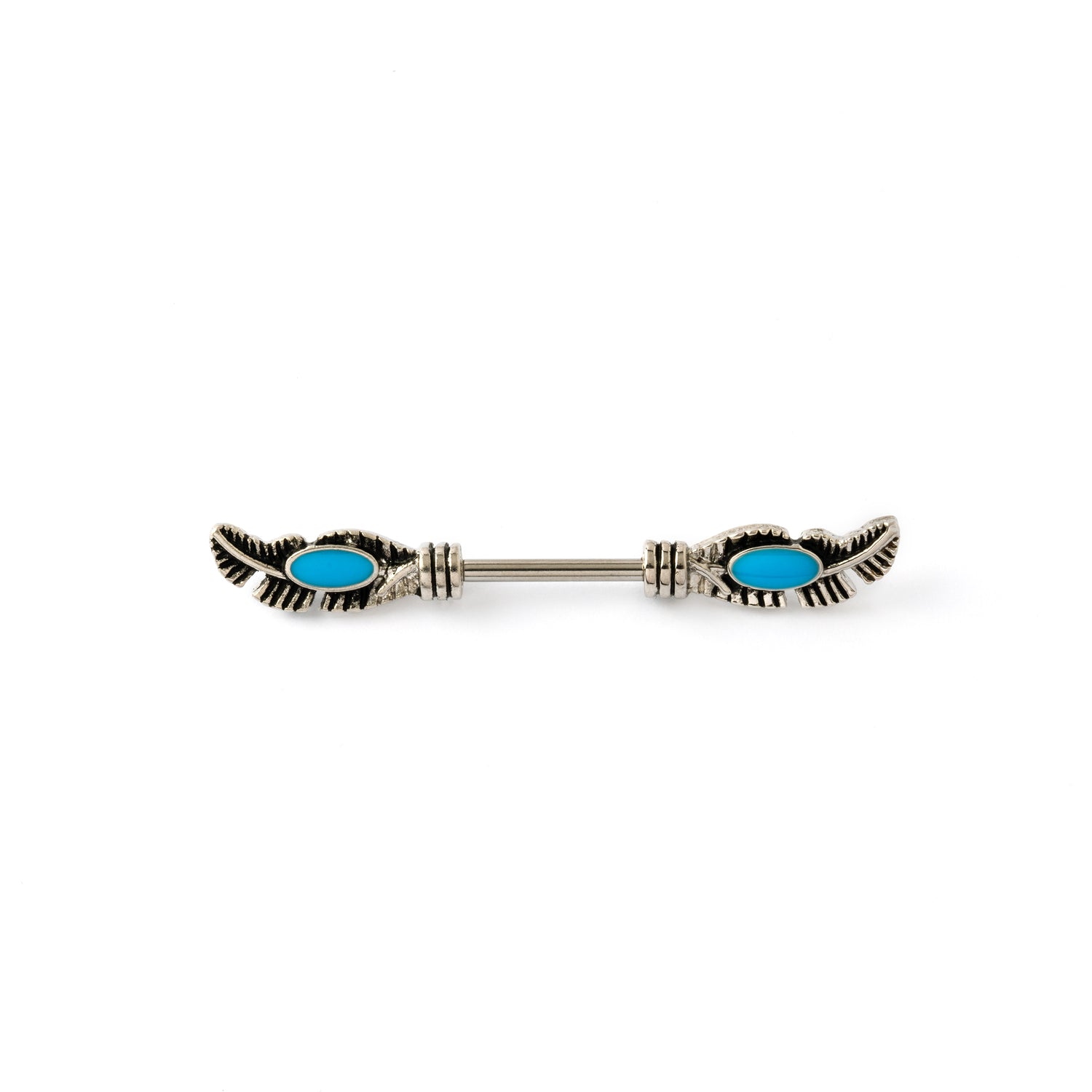 surgical steel nipple bar with feathers featuring turquoise from both sides frontal view