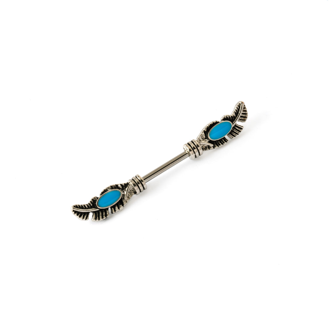 surgical steel nipple bar with feathers featuring turquoise from both sides right side view