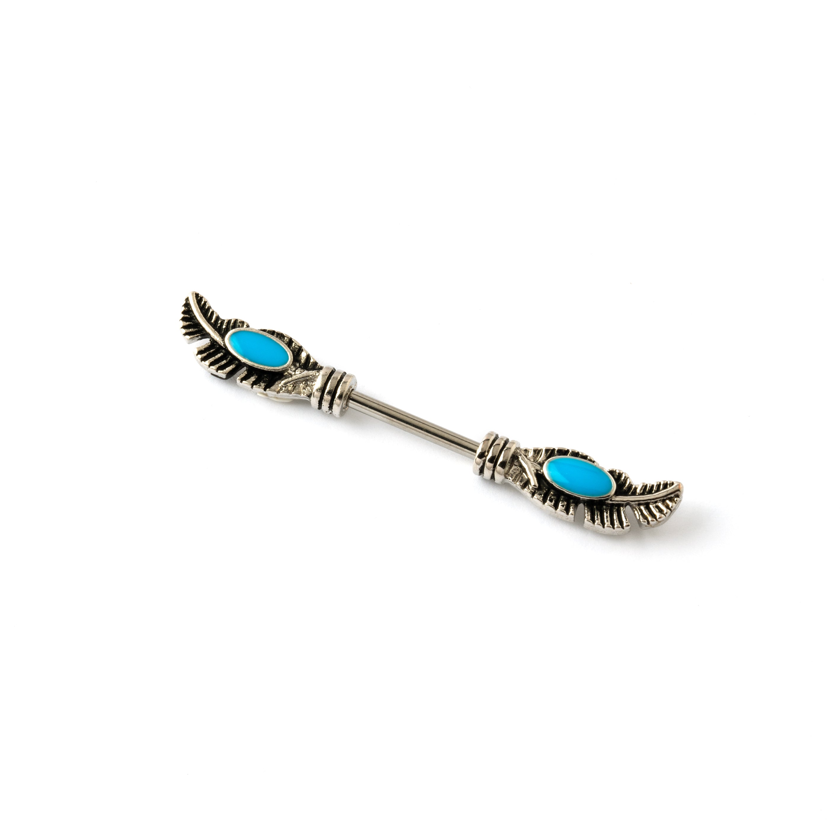 surgical steel nipple bar with feathers featuring turquoise from both sides left side view