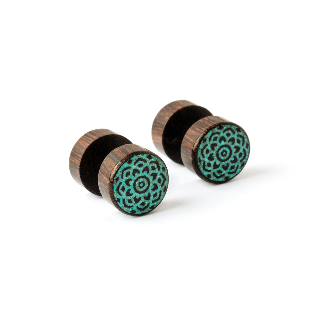 pair of Turquoise Mandala fake plug earrings left side view