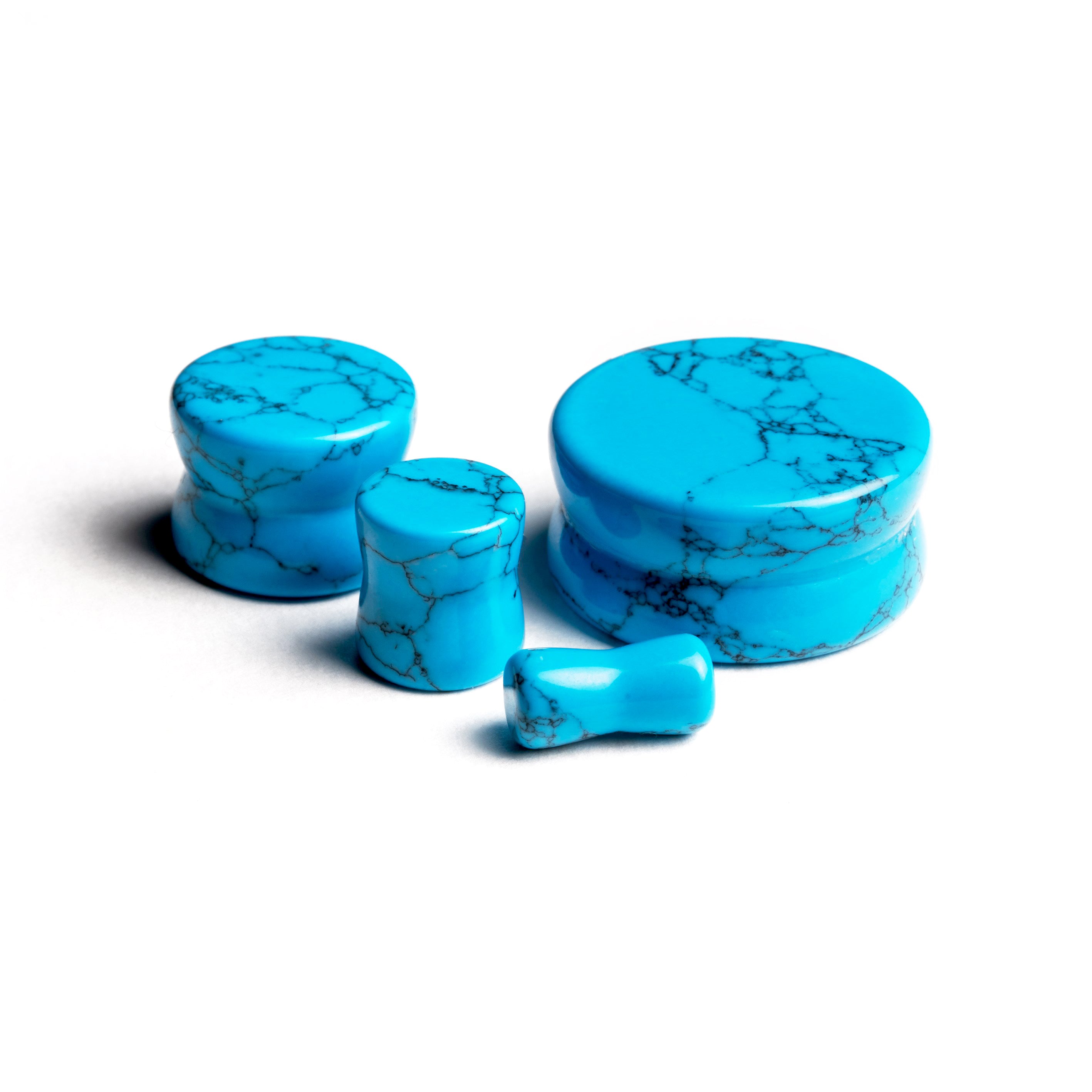 several sizes of turquoise double flared stone ear plugs all sides