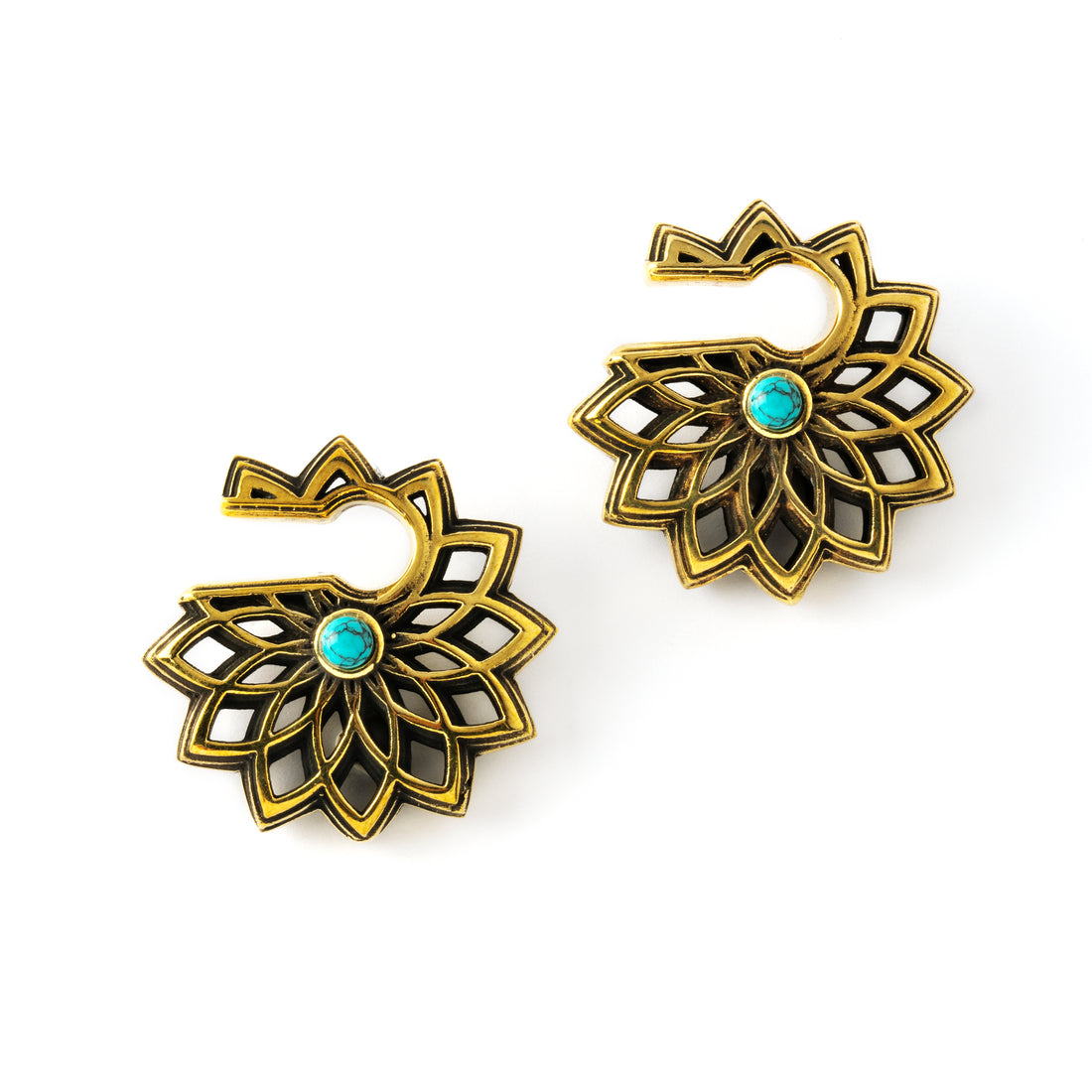 pair of antique gold colour geometric flower ear weights hangers with turquoise frontal view