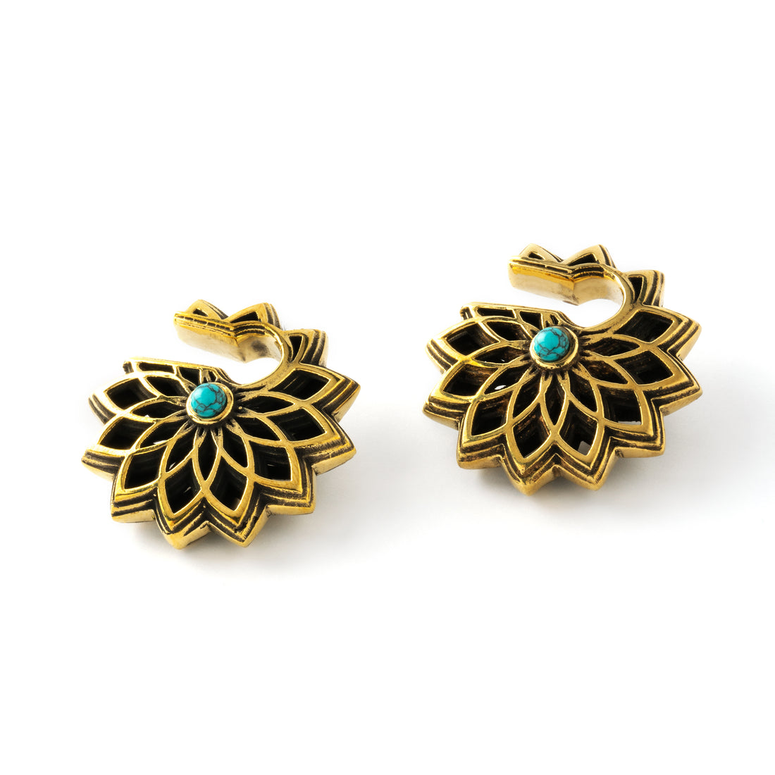 pair of antique gold colour geometric flower ear weights hangers with turquoise down view