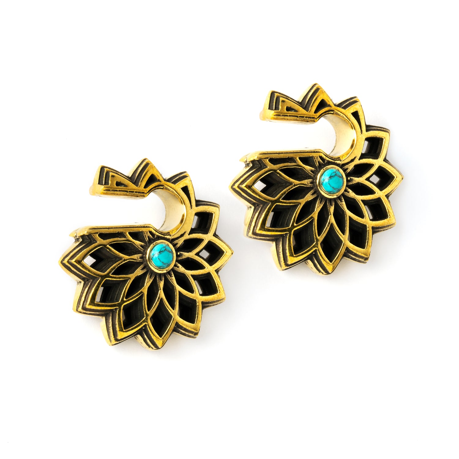 pair of antique gold colour geometric flower ear weights hangers with turquoise right side view