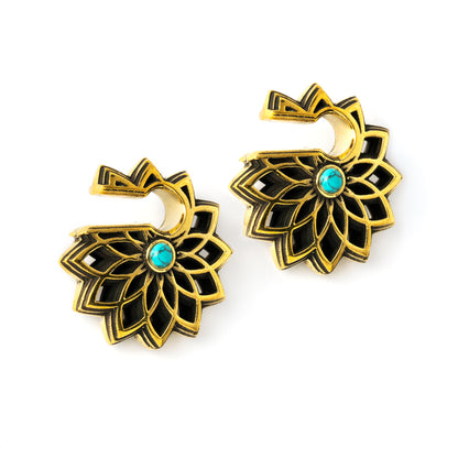 pair of antique gold colour geometric flower ear weights hangers with turquoise right side view