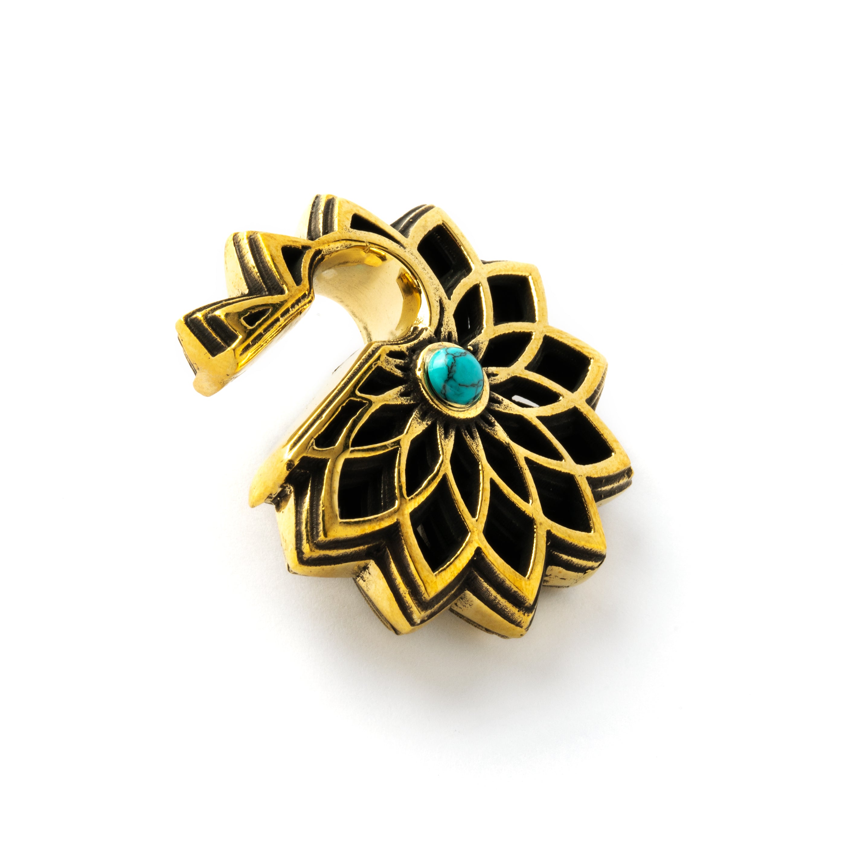 single antique gold colour geometric flower ear weights hangers with turquoise left side view