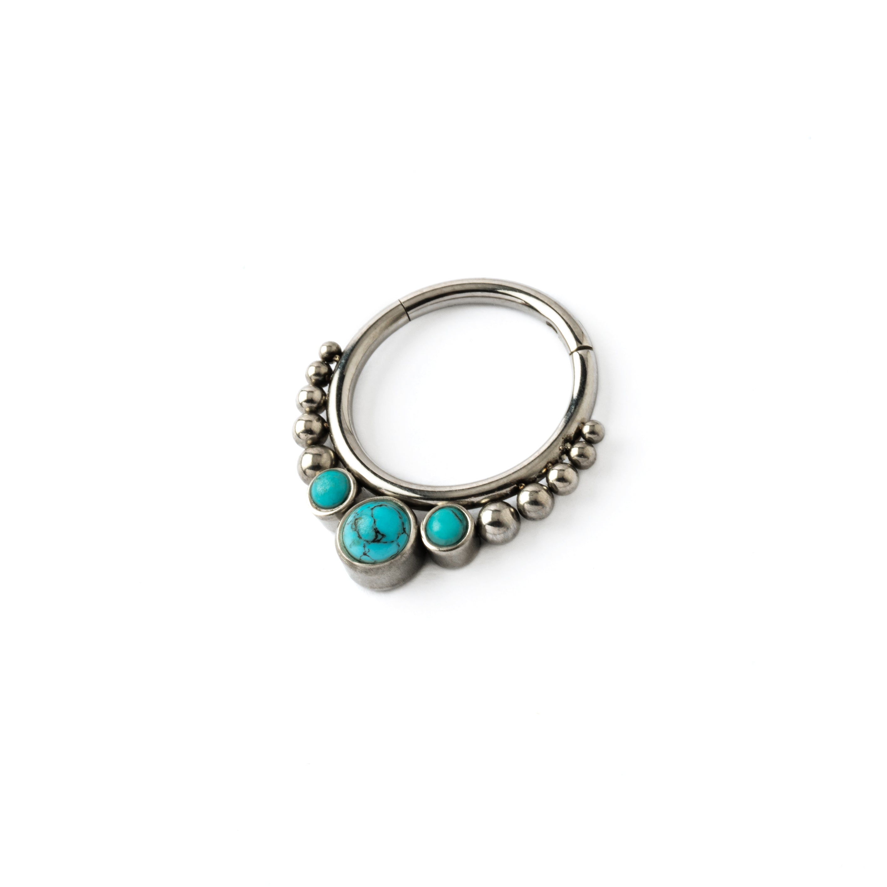 Surgical steel septum clicker ring with Turquoise left side view