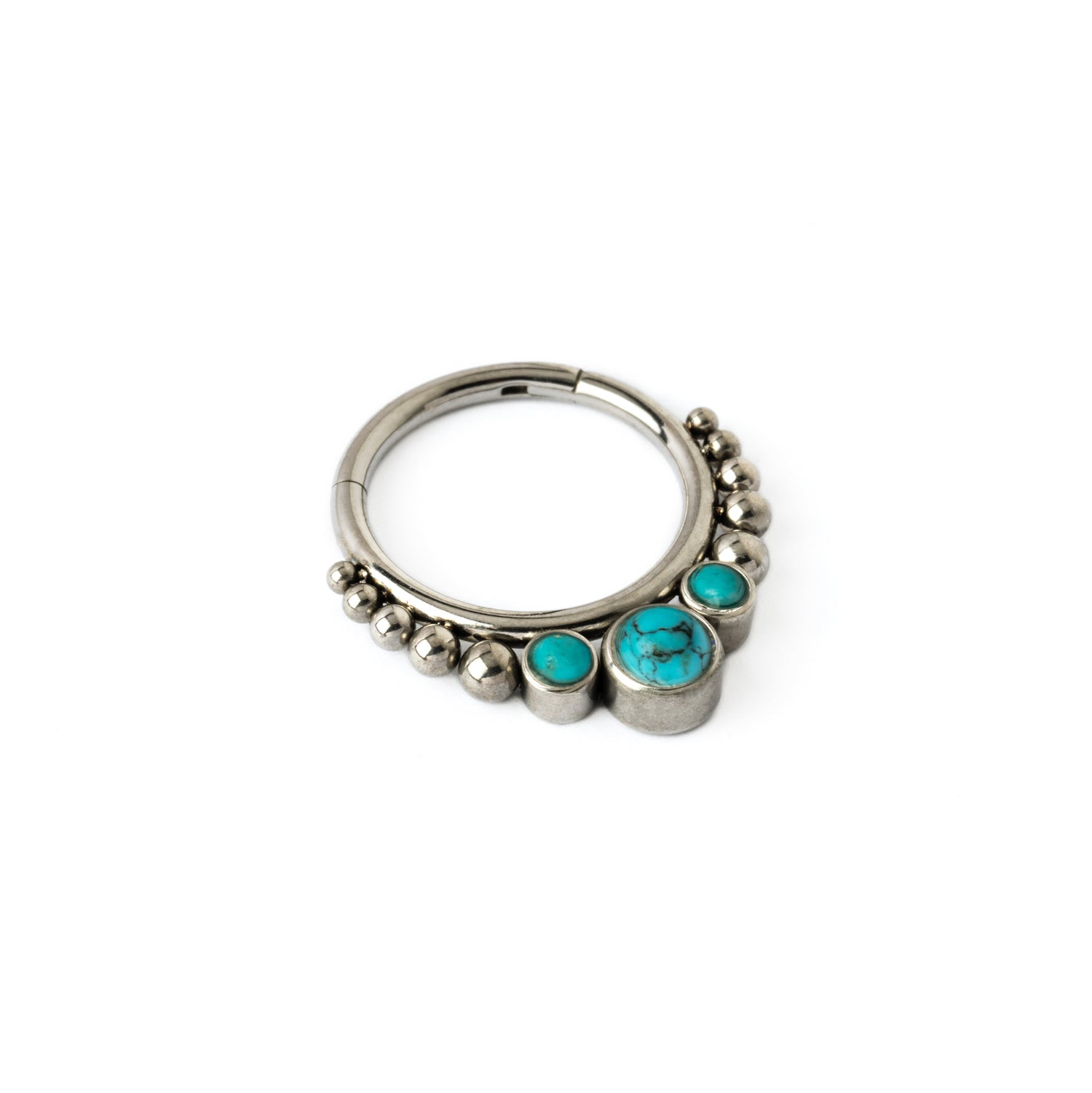 Surgical steel septum clicker ring with Turquoise right side view