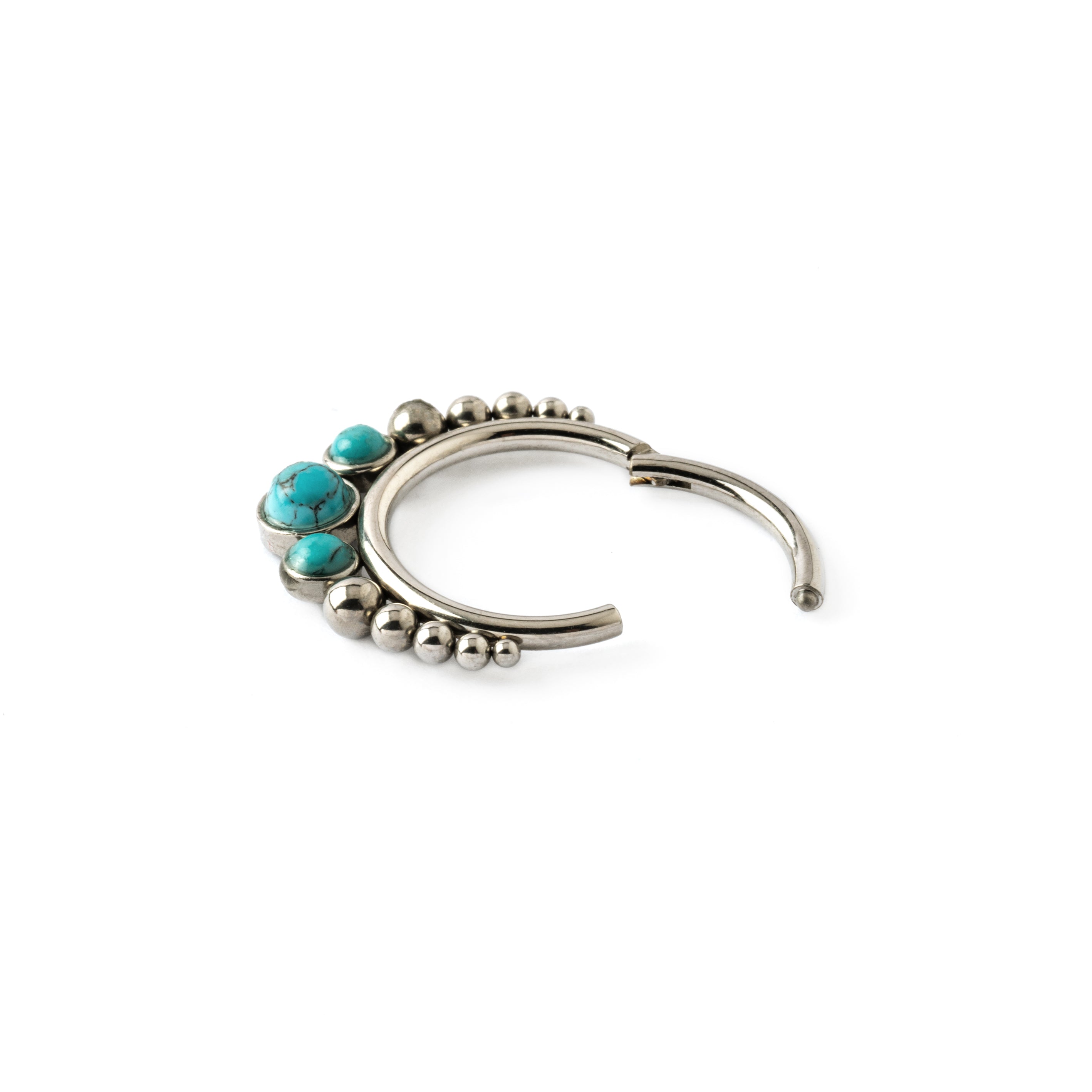 Surgical steel septum clicker ring with Turquoise click on closure view