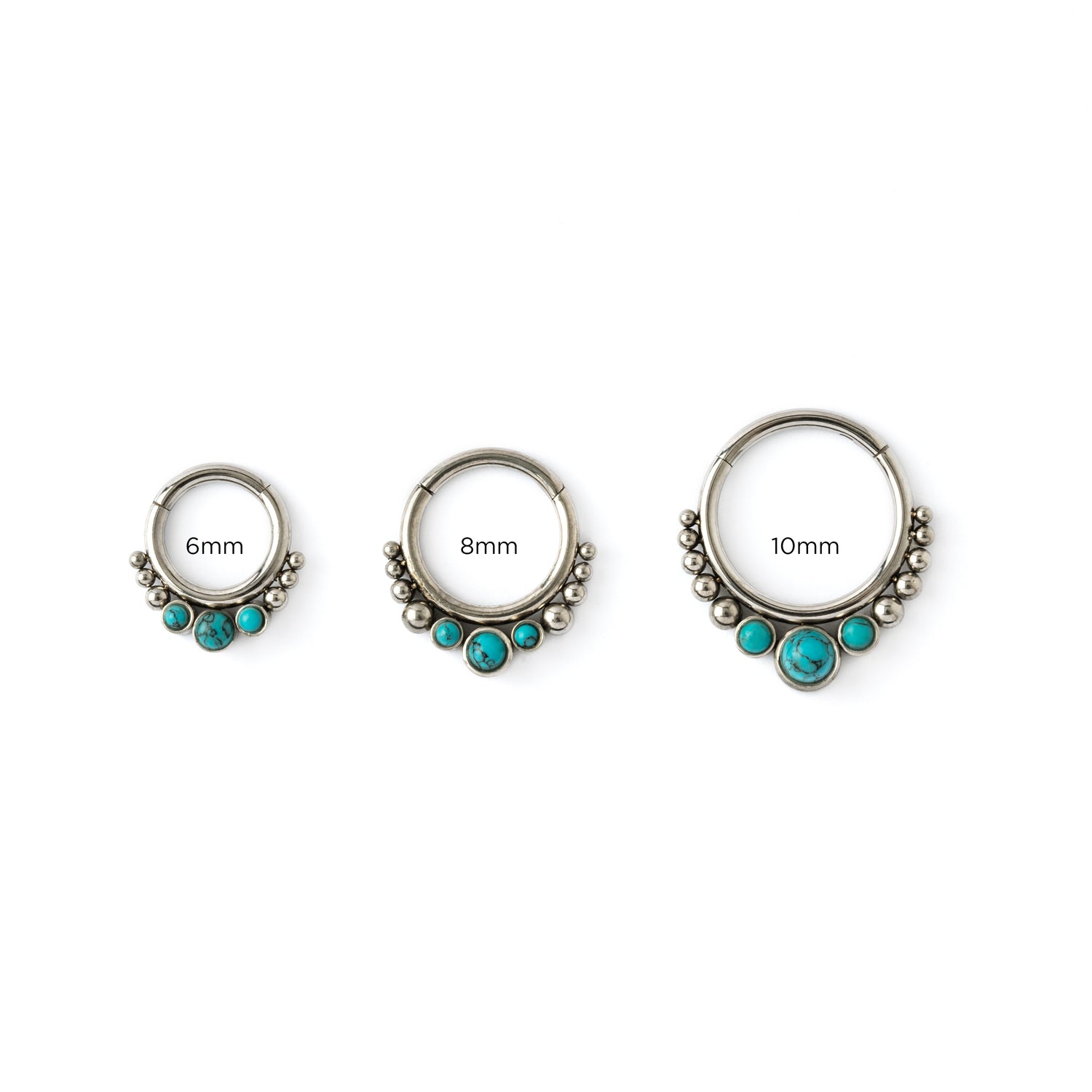 6mm, 8mm &amp; 10mm Surgical steel septum clicker rings with Turquoise frontal view