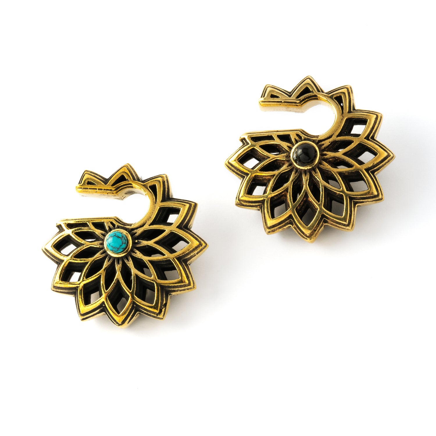 pair of antique gold colour geometric flower ear weights hangers with black onyx and turquoise frontal view