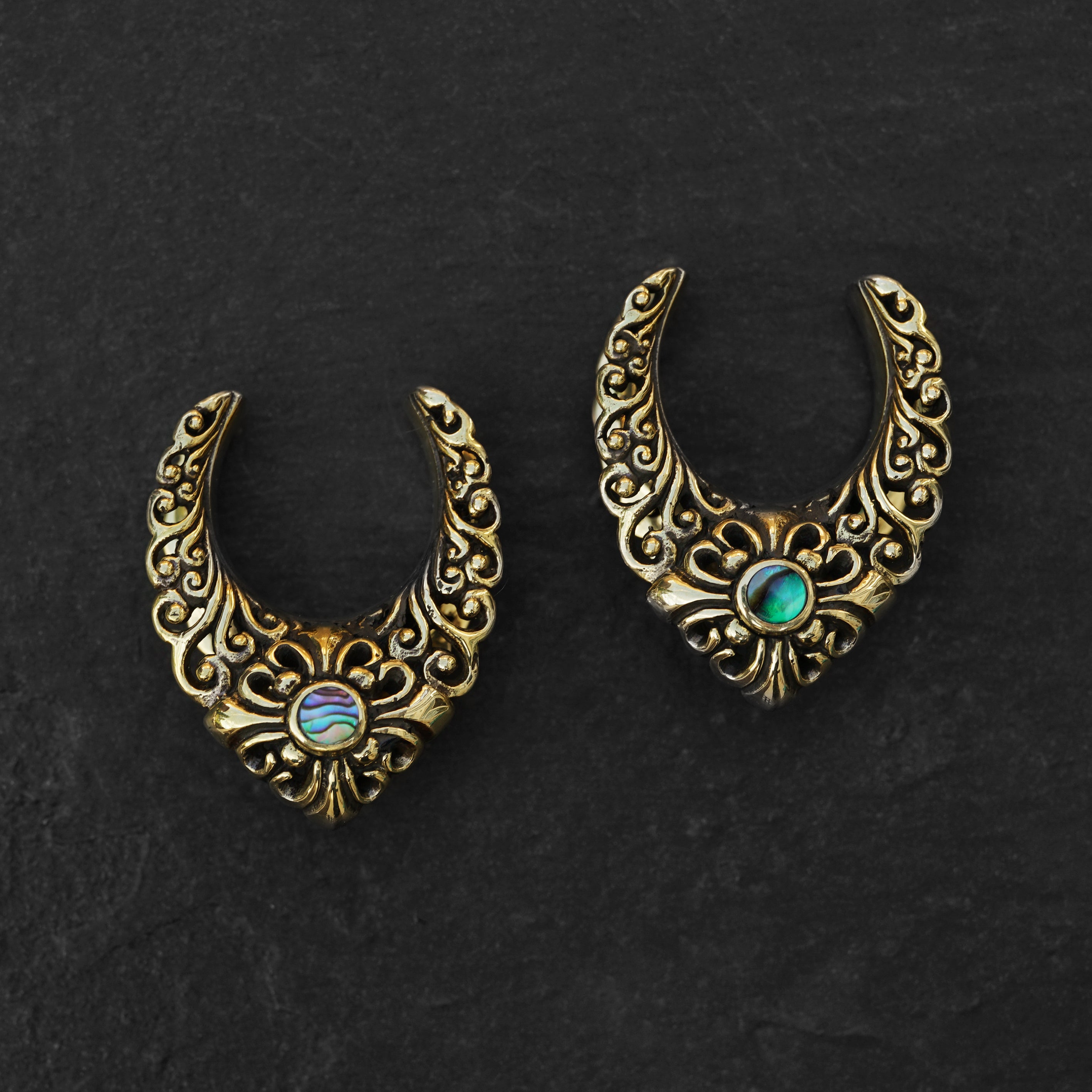 pair of golden brass victorian teardrop ear saddles with abalone shell frontal view