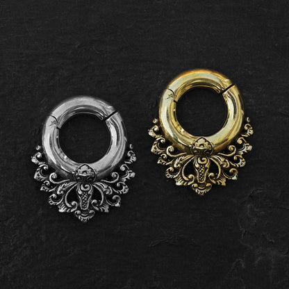 gold and brass ear hangers hoops with floral victorian design frontal view