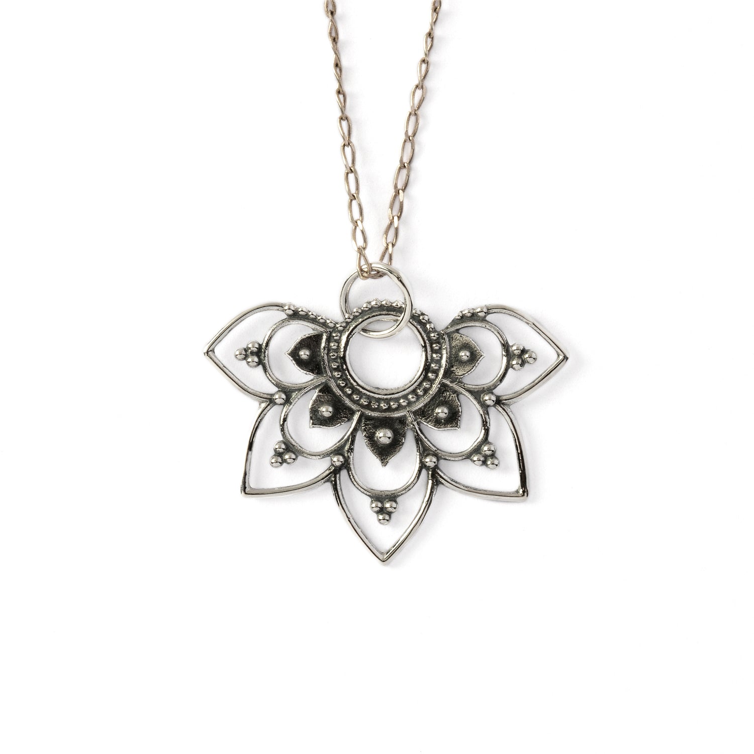Vinyasa flower silver necklace frontal view