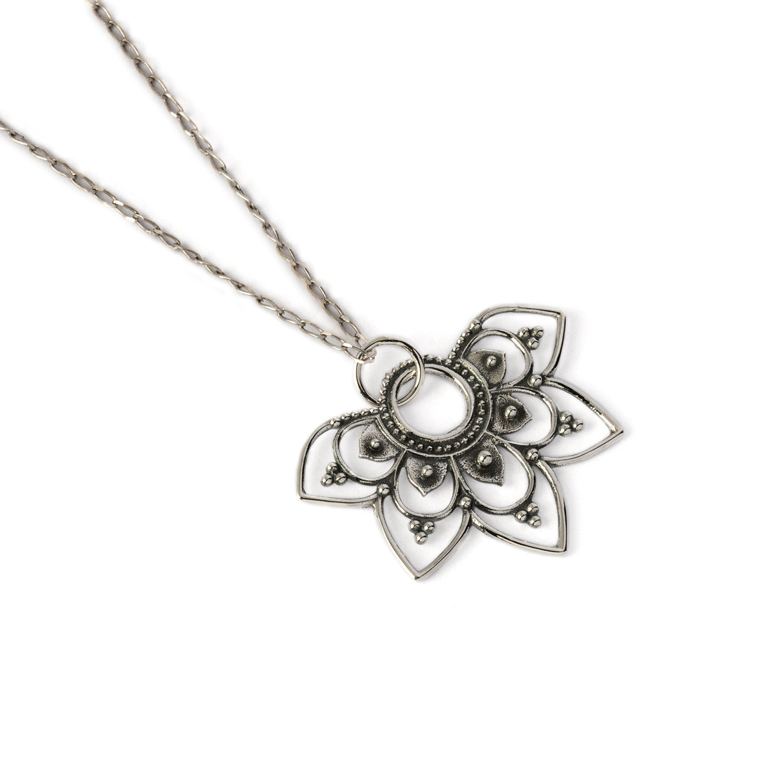 Vinyasa flower silver necklace left side view