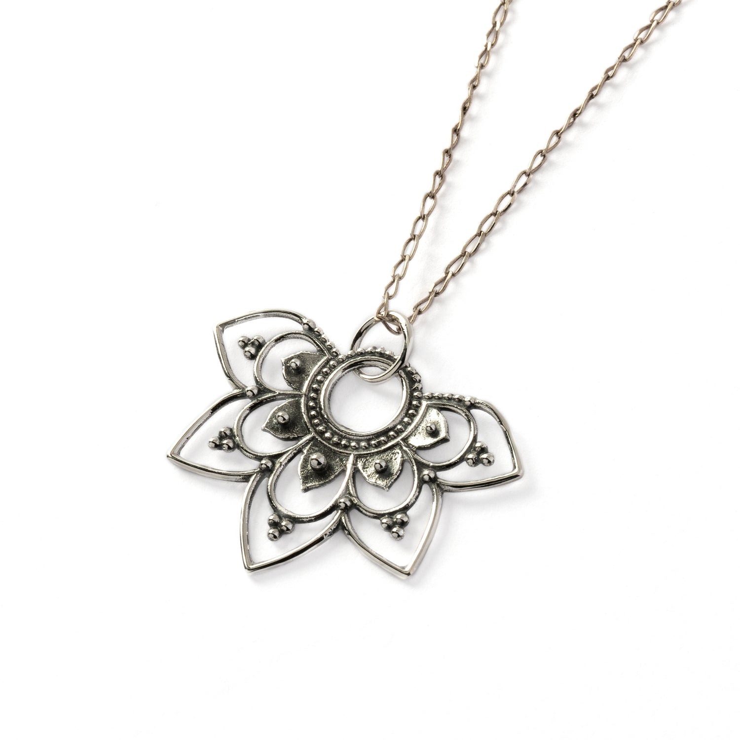Vinyasa flower silver necklace right side view