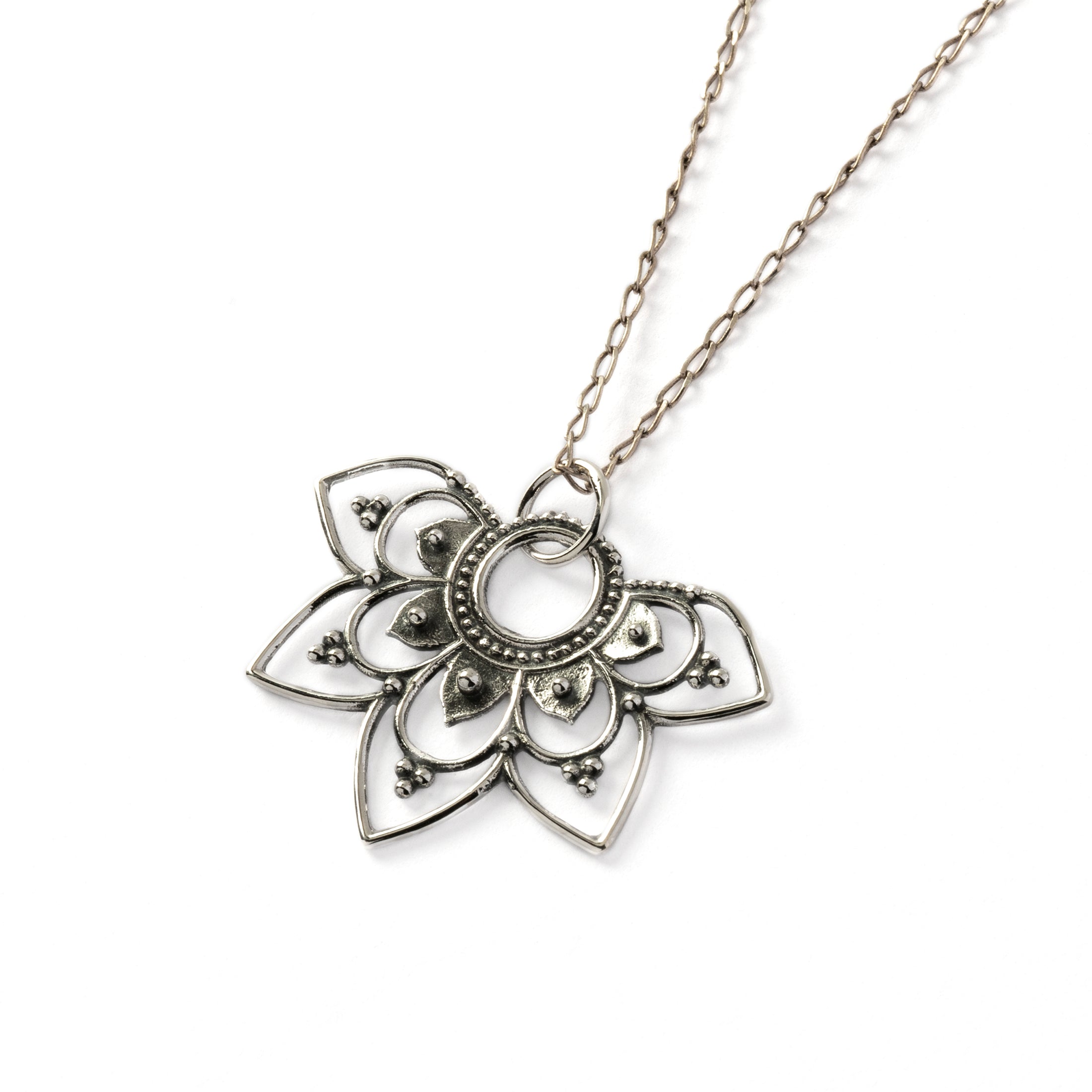 Vinyasa flower silver necklace right side view