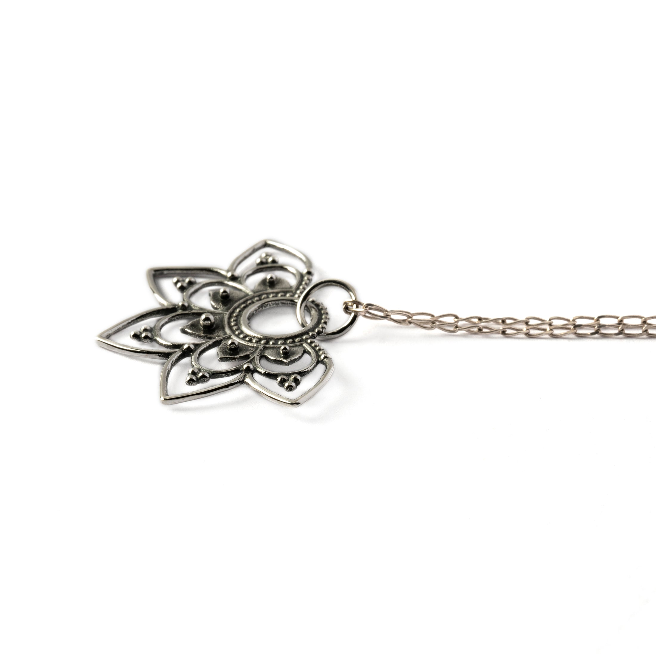 Vinyasa flower silver necklace side view