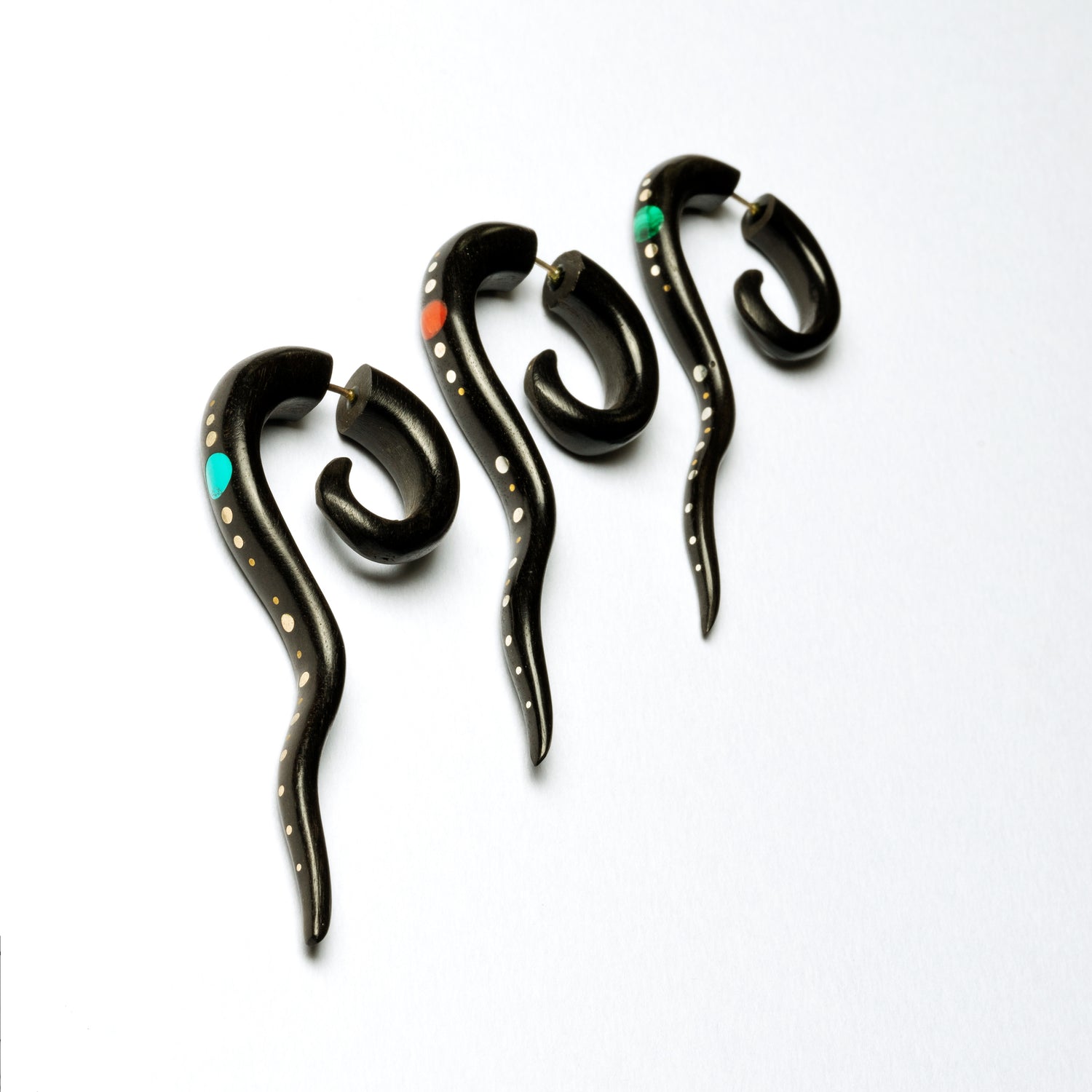 Wailuku black wood Fake Gauge Earring with stone and silver inlays -  Faux Gauge Earrings - Fake Ear Gauges - Fake Ear Stretcher - Fake Piercing - Gauge Jewellery - Faux Piercing - Faux Ear Stretcher - Tribal Piercing - Indian Piercing - Fake Expanders - Split Ear Stretcher - Tribal Expander - Fake Stretchers- Organic Jewellery - Tribal Earrings - Indian Earrings - Tribal Jewellery - Indian Jewellery - Spiral Jewellery - Ethnic Jewellery - Spiral Fake Gauge - Festival Fashion - Festival Jewellery