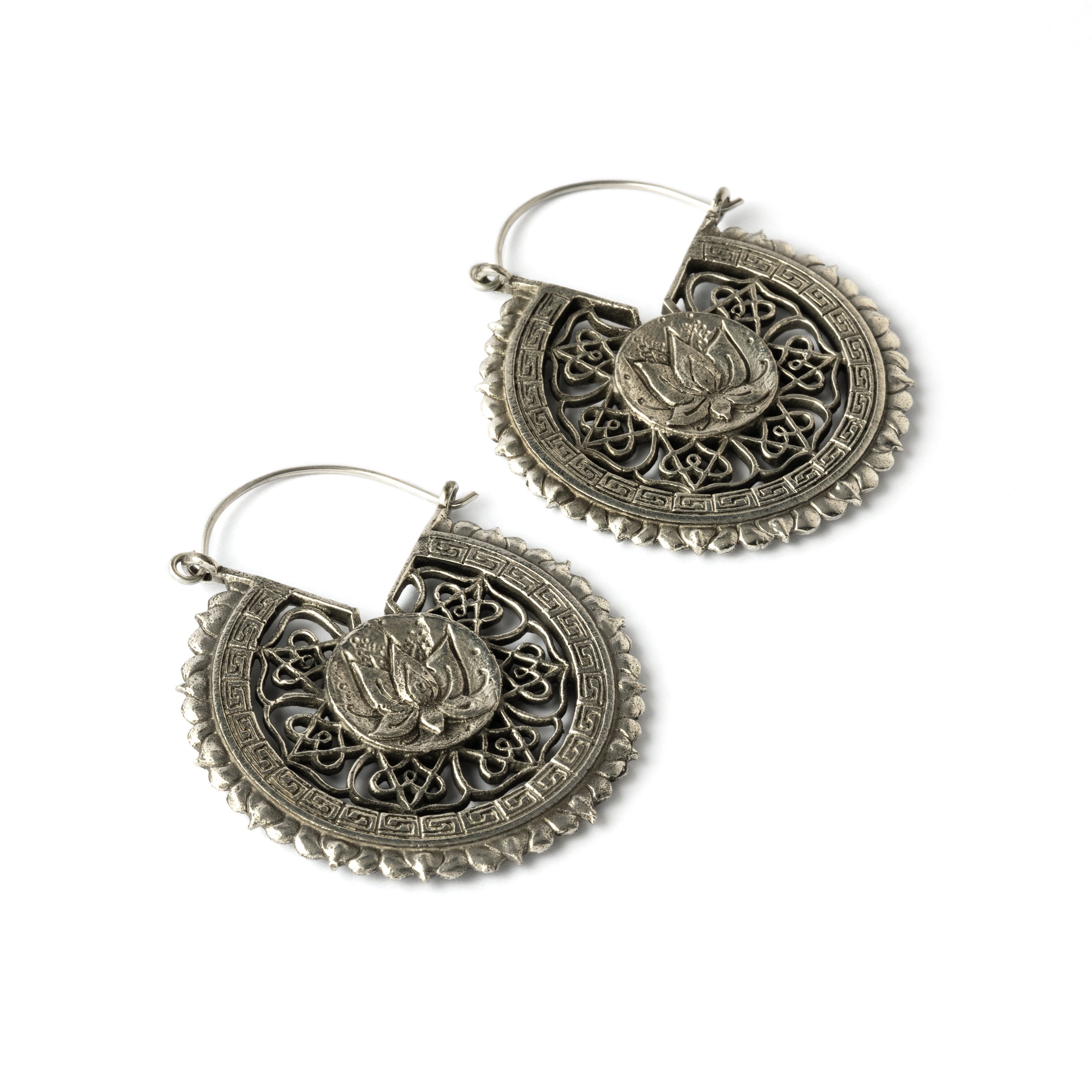 pair of white brass intricate carved lotus round earrings right side view