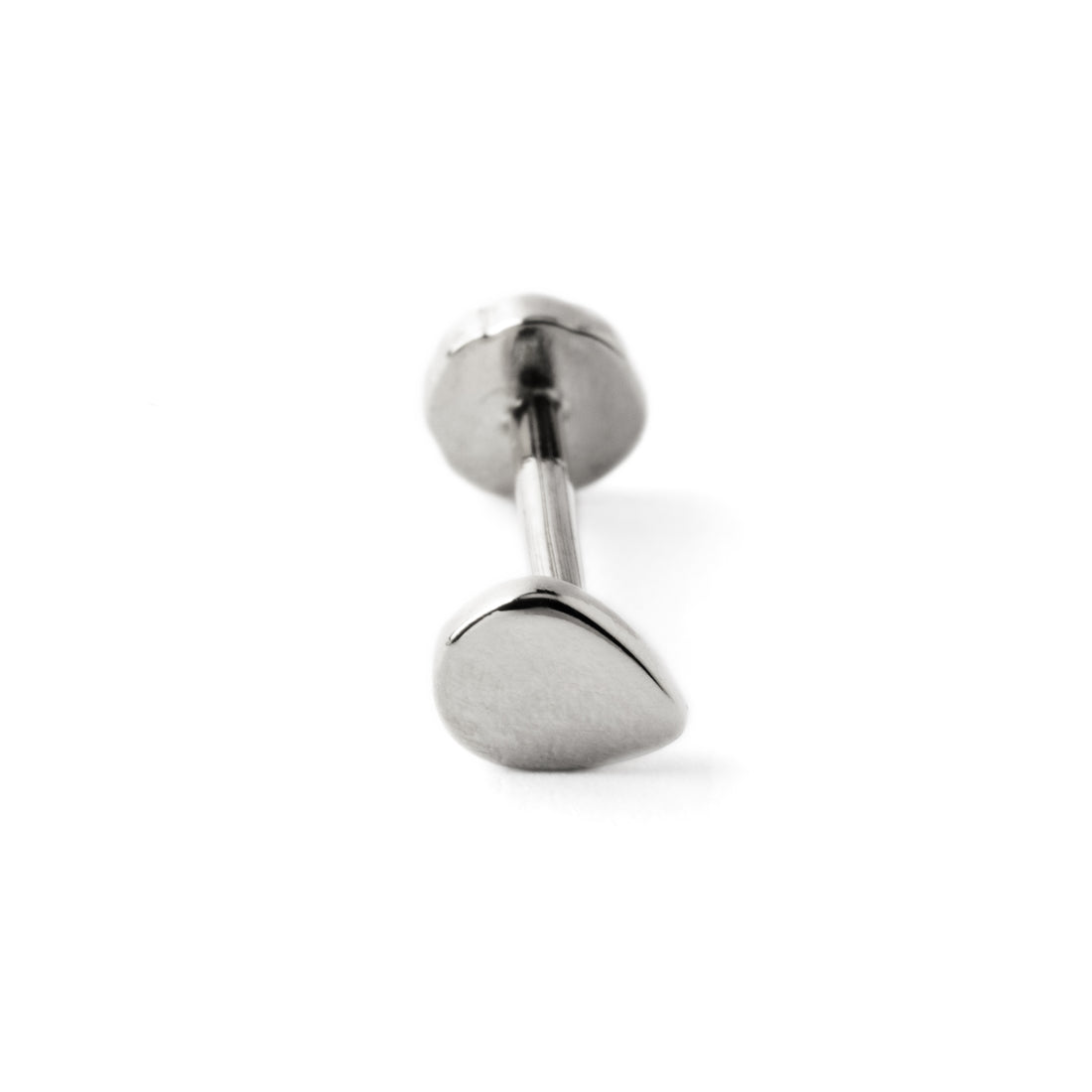 14k white Gold internally threaded screw back earring 1.2mm (16g), 8mm, teardrop labret stud frontal view
