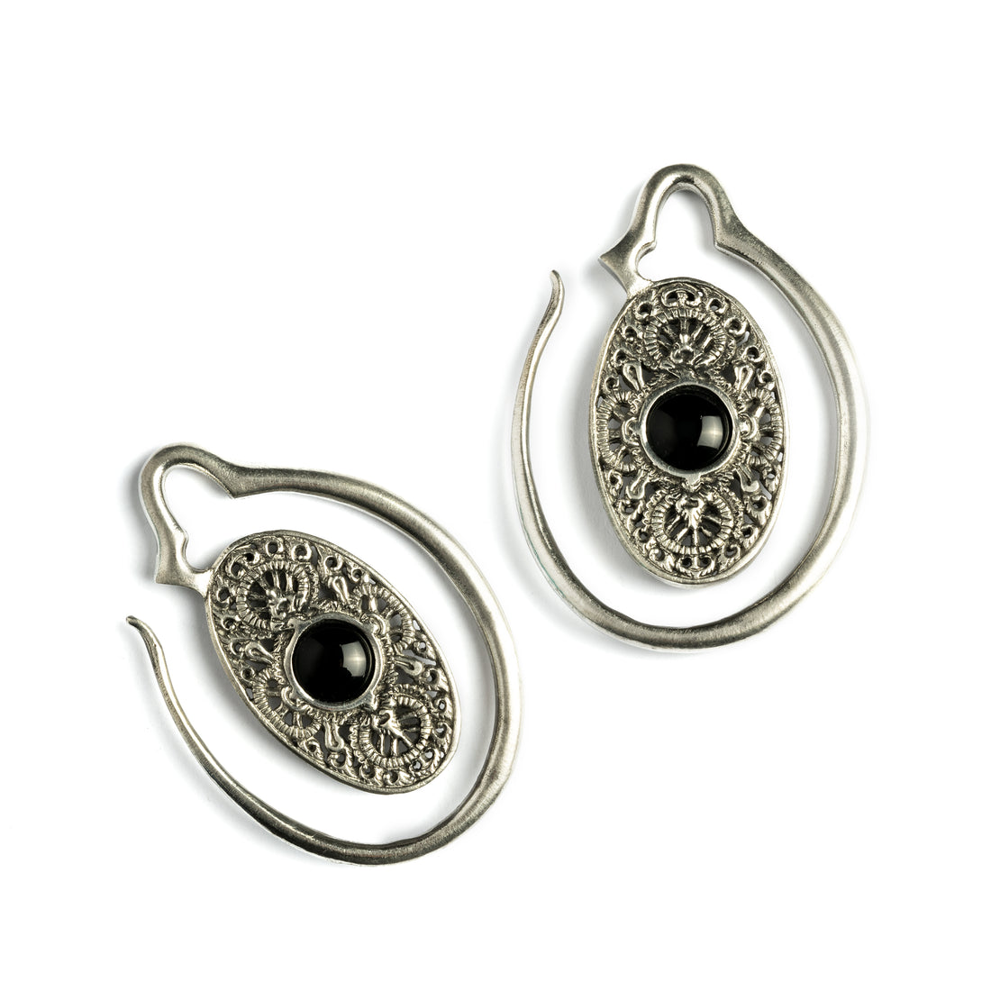 pair of large ear weights hangers, silver colour oval shaped with intricate filigree pattern an black onyx