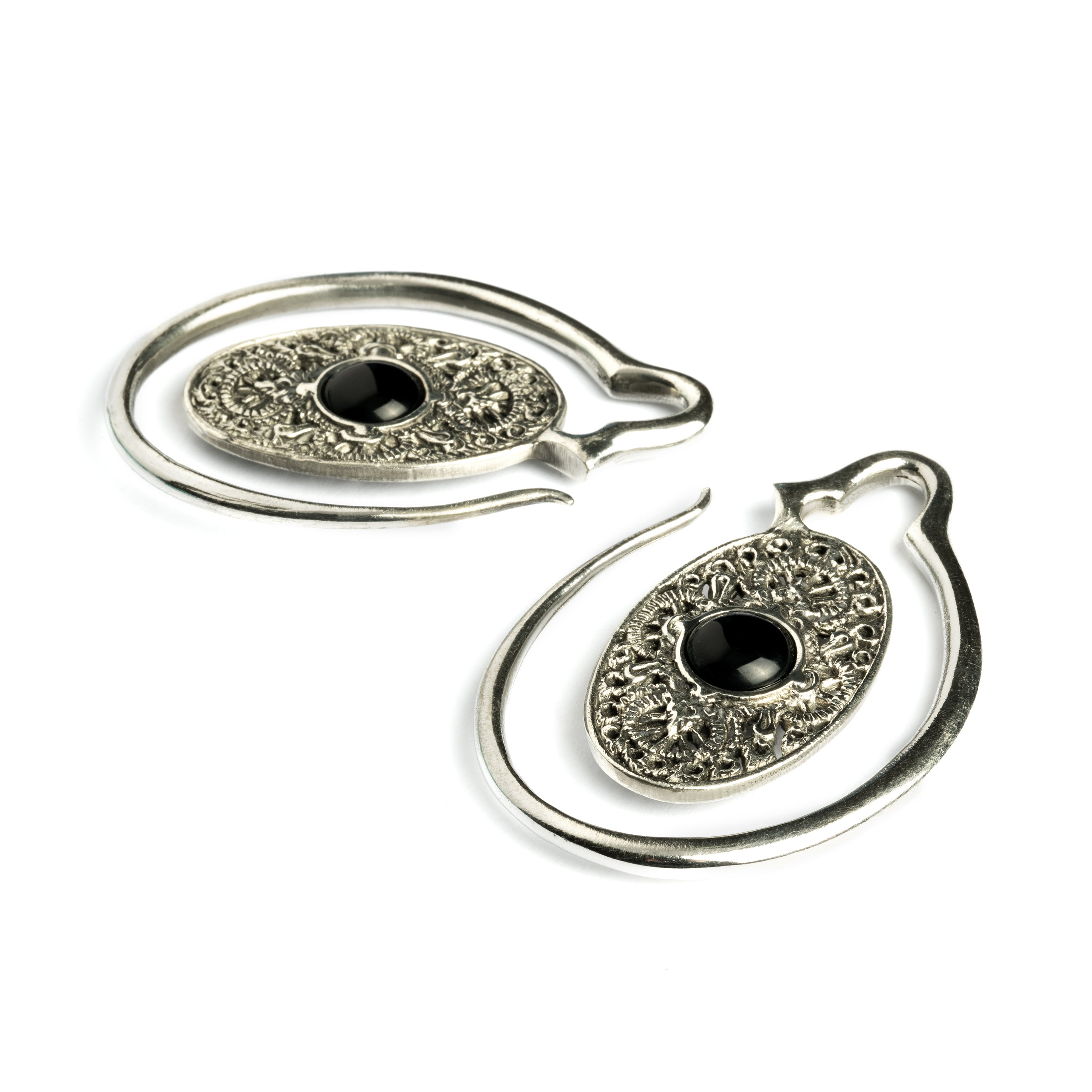 large ear weights hangers, silver colour oval shaped with intricate filigree pattern an black onyx down view