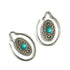 pair of large ear weights hangers, silver colour oval shaped with intricate filigree pattern and turquoise