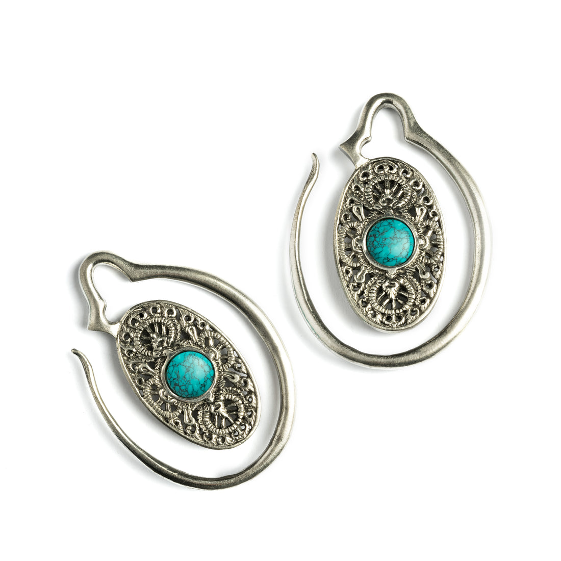 pair of large ear weights hangers, silver colour oval shaped with intricate filigree pattern and turquoise